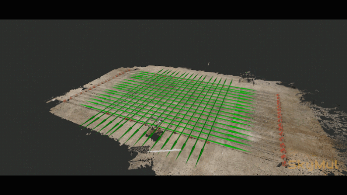 Los drones de SkyMul aseguran las barras de refuerzo sobre la marcha para acelerar la construcción 4 Imagen animada de una cuadrícula generada por computadora superpuesta sobre imágenes de barras de refuerzo.