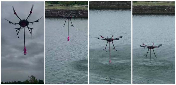 El muestreo de agua basado en drones de Nixie podría ahorrarle tiempo y dinero a las ciudades 2 Un dron sumerge un recipiente de muestra en un río.