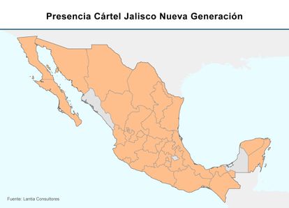 Pueblos en llamas y matanza de civiles: la guerra del narco de la era López Obrador 7 Los Estados marcados en naranja muestran la extensión del territorio controlado por el cartel Jalisco.