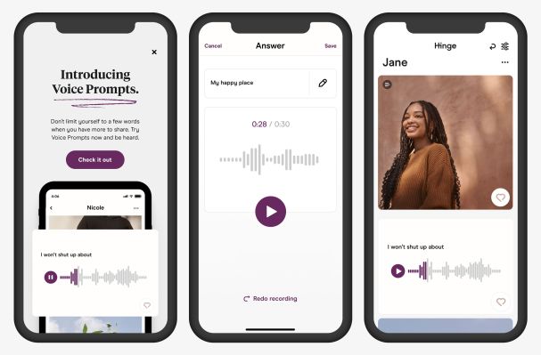 Hinge lanza una nueva función de 'Avisos de voz' para ofrecer a los usuarios una nueva forma de interactuar 1 Hinge lanza una nueva función de 'Avisos de voz' para ofrecer a los usuarios una nueva forma de interactuar