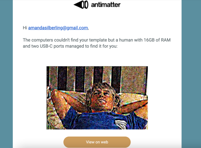 Mejora tu juego de memes con la aplicación de búsqueda inversa de memes de Antimatter 2 un correo electrónico de antimateria con un meme para el que devolvieron correctamente la plantilla