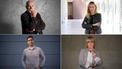 España, en terapia 4 Cuatro de los siete profesionales de la salud mental que han participado en este reportaje retratados esta semana. De izquierda a derecha y de arriba a abajo: Víctor Pérez, jefe de Psiquiatría del Hospital del Mar de Barcelona; Mireia Orgilés, psicóloga infantil en la Universidad Miguel Hernández de Elche; Juan Antequera, psicólogo clínico de la sanidad pública madrileña y Sacramento Barba, terapeuta de pareja en la Fundación Atyme (Madrid). / MASSIMILIANO MINOCRI /JOAQUÍN DE HARO RODRÍGUEZ / OLMO CALVO