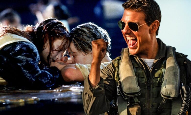 Rose and Jack on the door from Titanic with Tom Cruise of Top Gun Maverick pumping his fist in the air