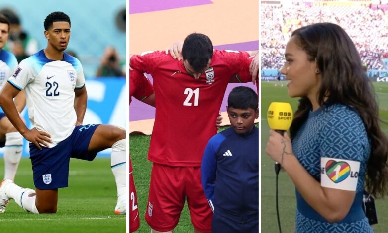 Hincados a mitad de cancha, sin cantar su himno nacional o con el brazalete 'One Love', así han protestado en Qatar | Video 1 Hincados a mitad de cancha, sin cantar su himno nacional o con el brazalete 'One Love', así han protestado en Qatar | Video